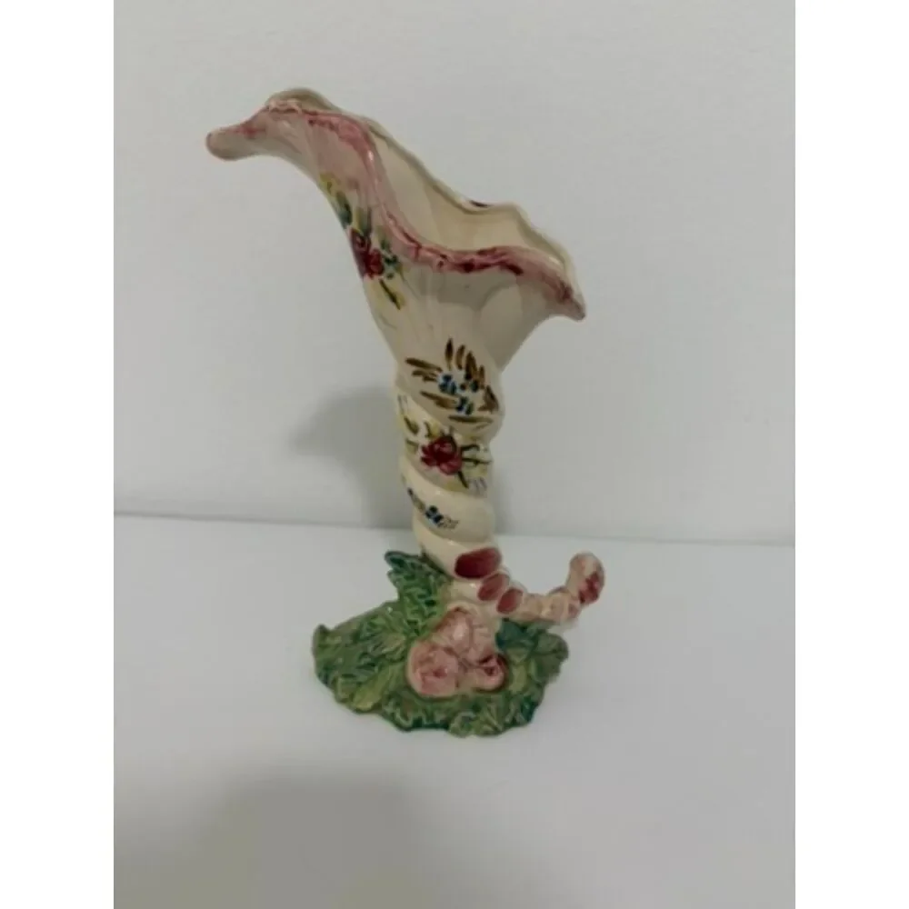 VTG. japan Hand Painted Ceramic Cornucopia vase with floral motif